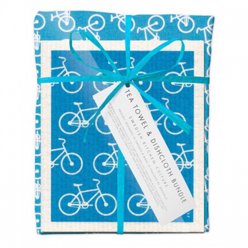 Jangneus Turquioise Bikes Tea Towel and Dish Cloth Bundle